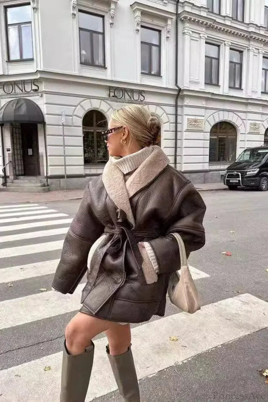 Street Style Color Block Tie Waist Faux Leather Coat Brown / S