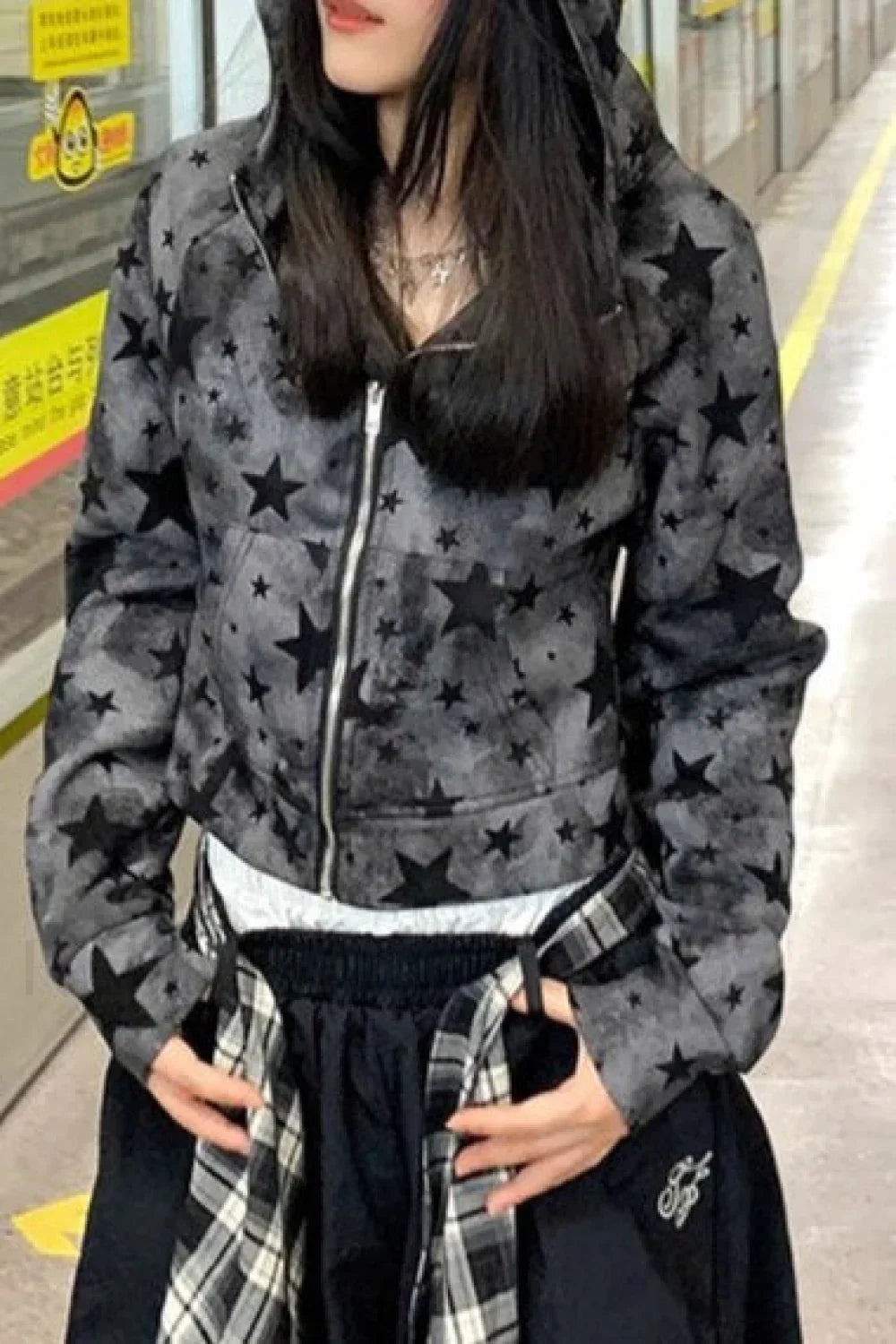 Street Style Star Print Zip-Up Hoodie Gray / S