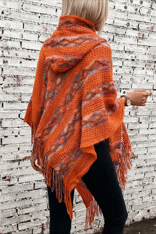 Striped Hooded Knit Tassel Relaxed Coat Red / One Size
