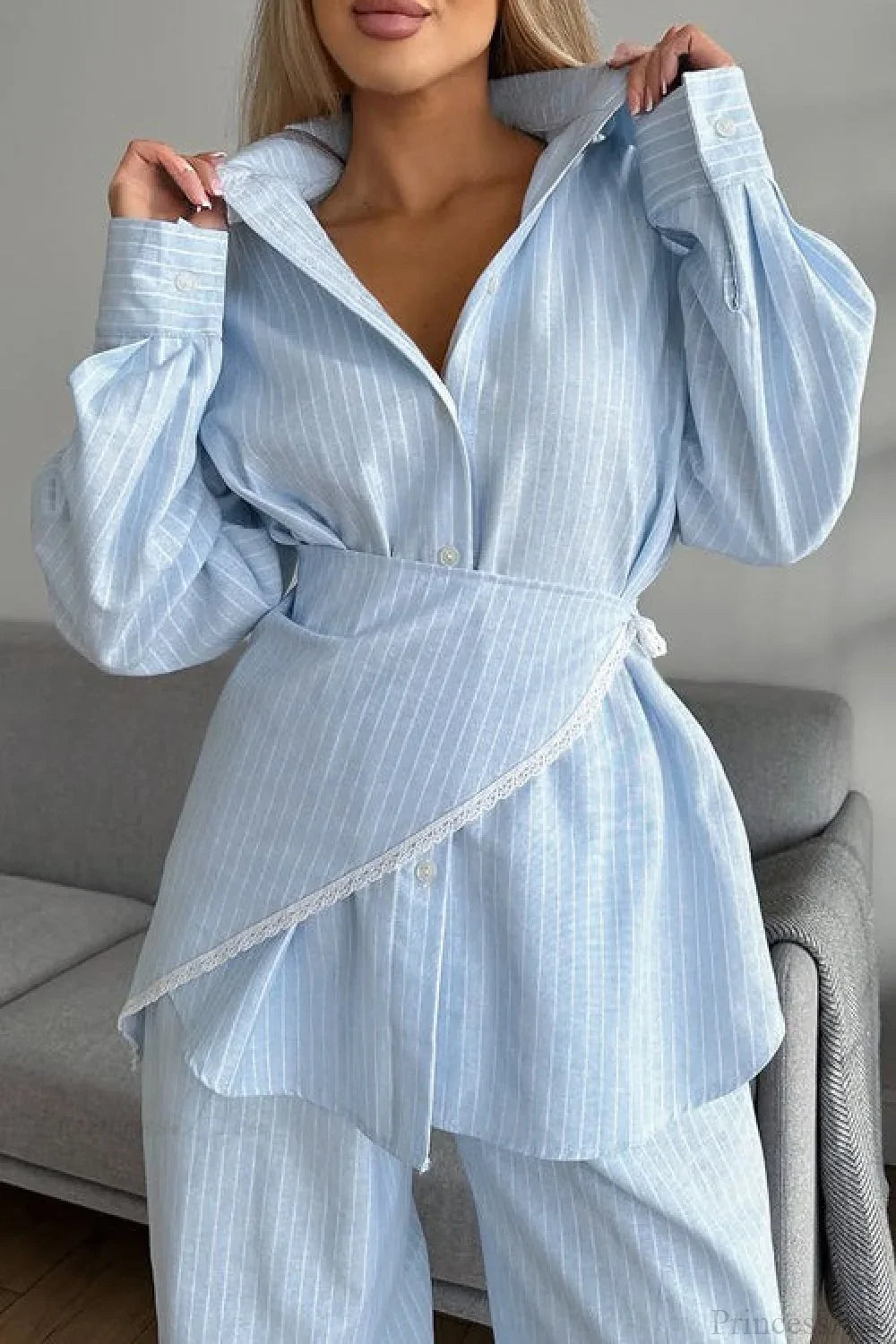 Striped Lace Casual Long Sleeve Pants Scarf Three Piece Set