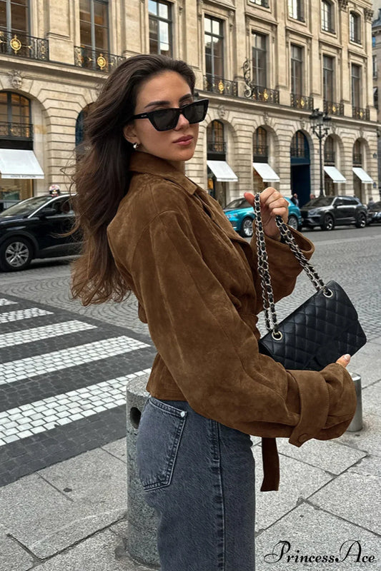Suede Belted Blazer Collar Elegant Coat