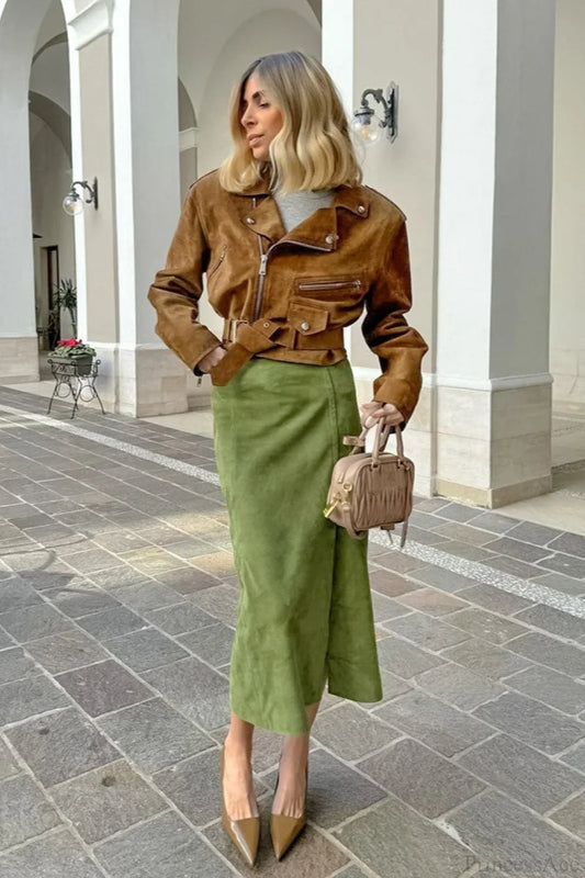 Vintage Suede High Waist Midi Pencil Skirt