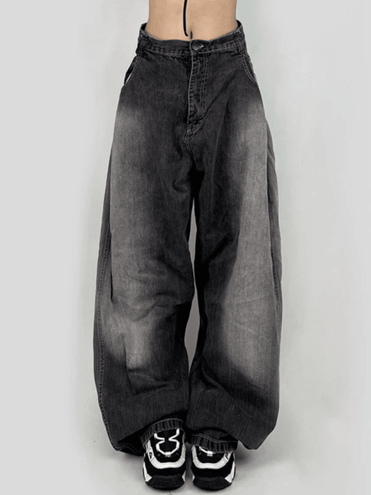 Washed Contrast Waist Pleated Relaxed Leg Boyfriend Jeans Black / S Jeans