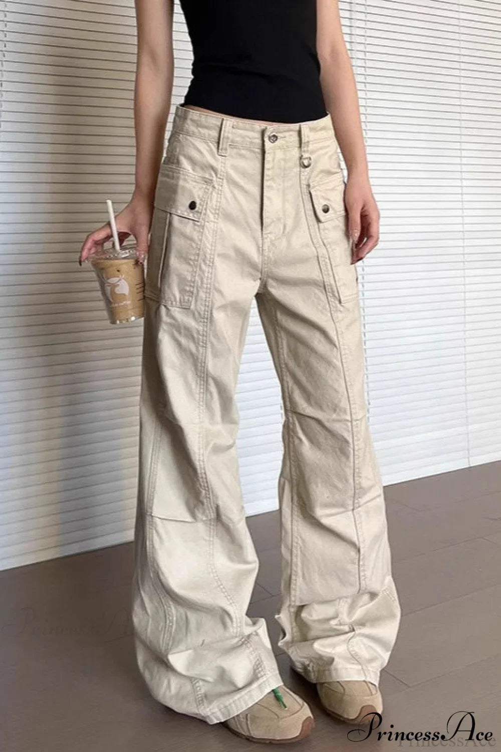 Washed Multi Pocket Flared Cargo Pants Apricot / S