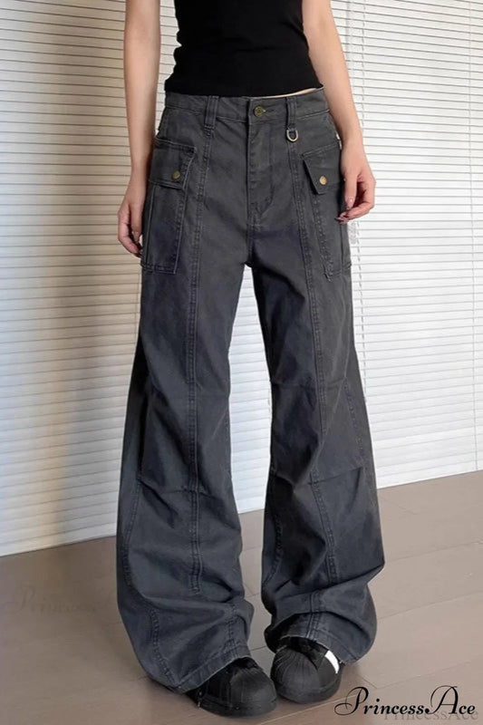 Washed Multi Pocket Flared Cargo Pants Grey / S