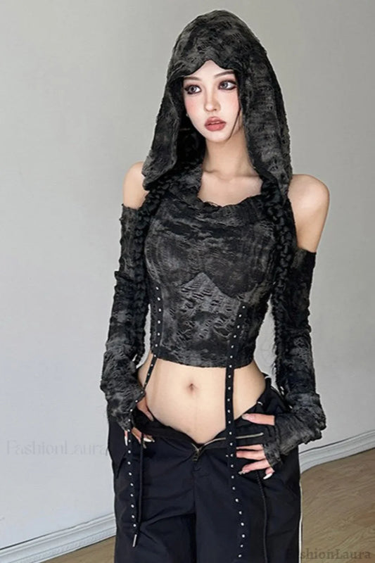 Wasteland Style Distressed Shoulder Hoodie Black Grey / S