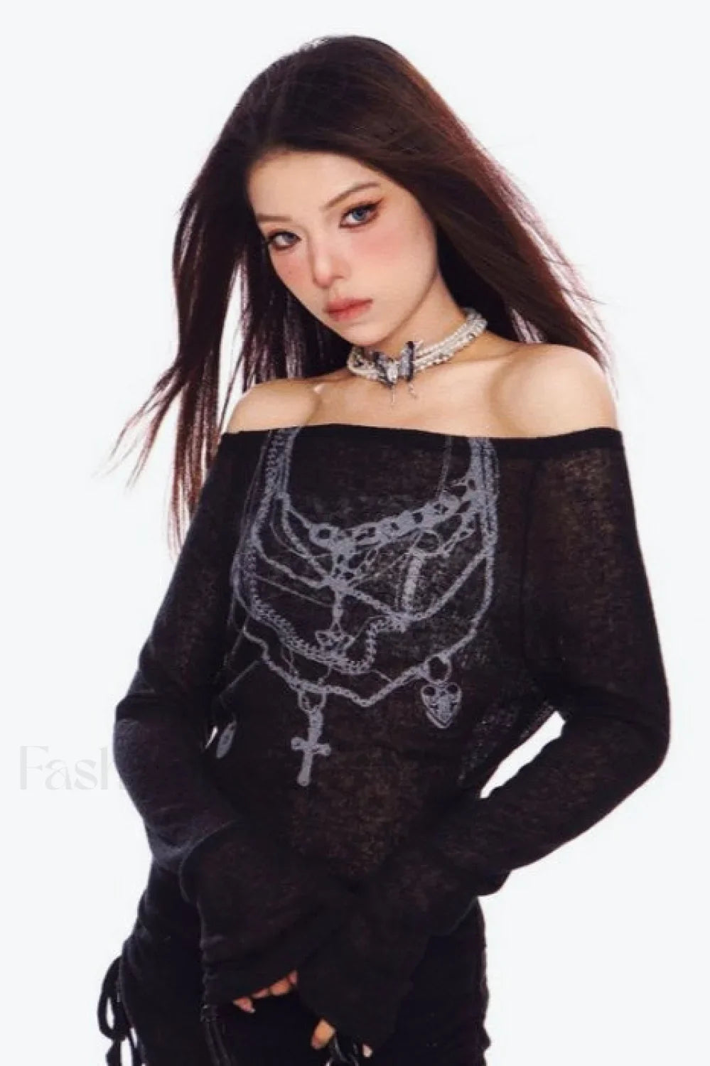 Y2K Off-Shoulder Mesh T-Shirt Black / S