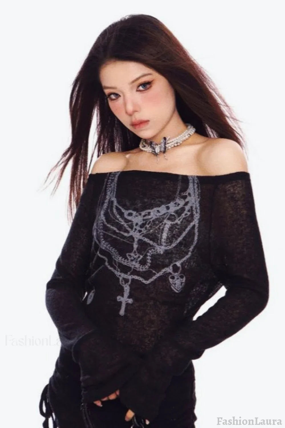 Y2K Off-Shoulder Mesh T-Shirt Black / S