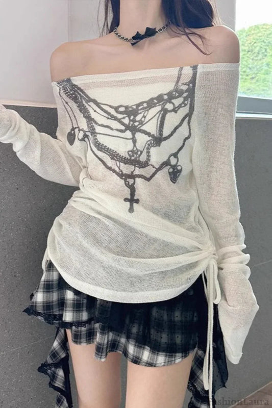 Y2K Off-Shoulder Mesh T-Shirt Off-white / S