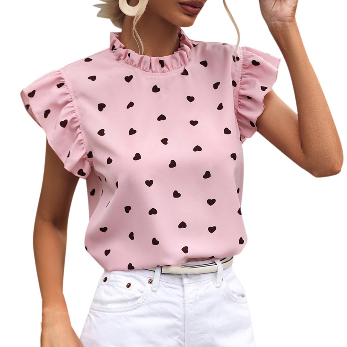 Women Casual Summer Solid Color Stand Collar Short Sleeve Slim Blouse Clothing