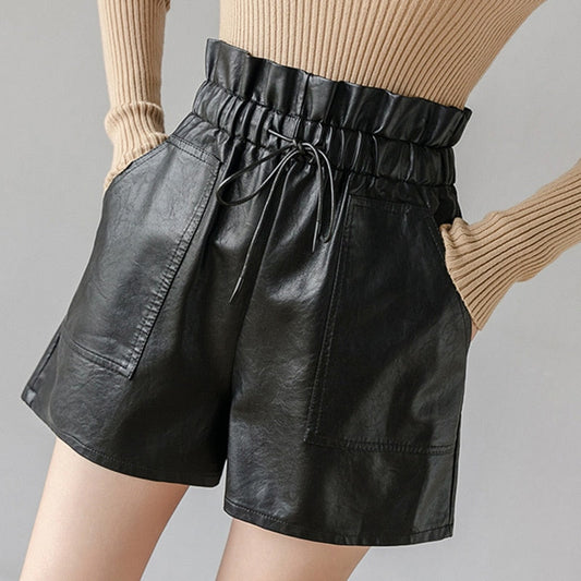 PU Leather Shorts Winter Elastic High Waist Wide Leg Short Ladies Black Woman Shorts