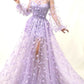 2023 Autumn New Long Sleeve Purple Appliques Slim Prom Dress