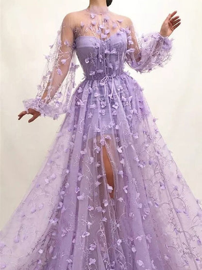 2023 Autumn New Long Sleeve Purple Appliques Slim Prom Dress
