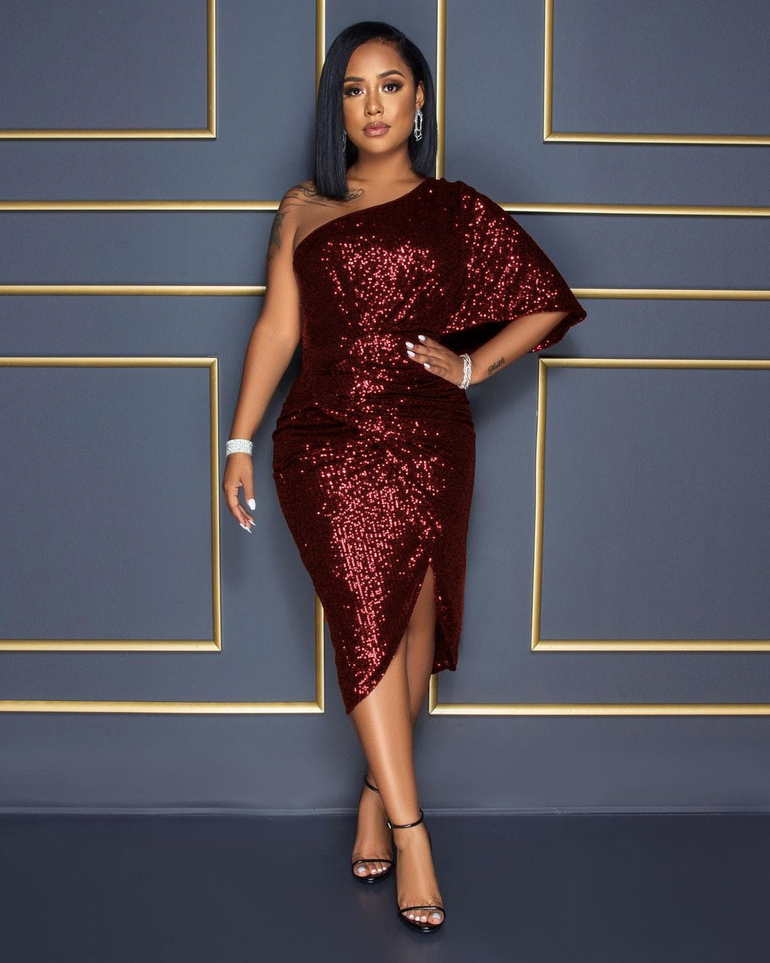Solid Sequins One Puff Sleeve Celebrity Party Midi Dress