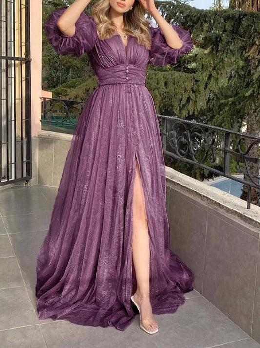 2023 New Style Sexy Lace Purple Mesh Half Sleeved Prom Dresses