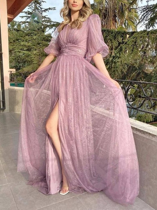 2023 New Style Sexy Lace Purple Mesh Half Sleeved Prom Dresses