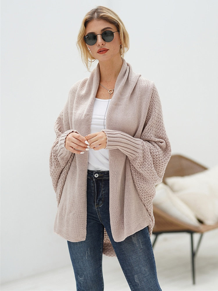 Solid Batwing Sleeve Loose-fitting Long Knitted Cardigan Sweater