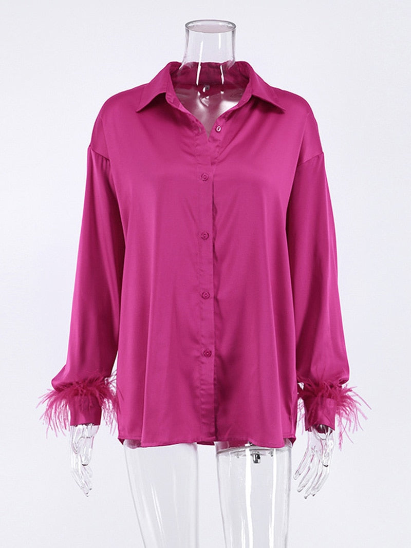 Elegant Long Sleeve Spliced Feathers Solid Blouse