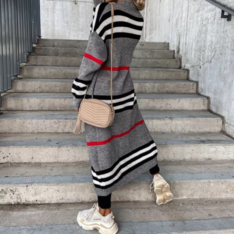 Casual Striped Color Matching Knitted Long Sweaters Cardigan Elegant