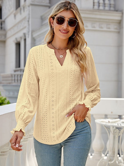 Hollow Out V Neck Long Sleeve Solid Blouse