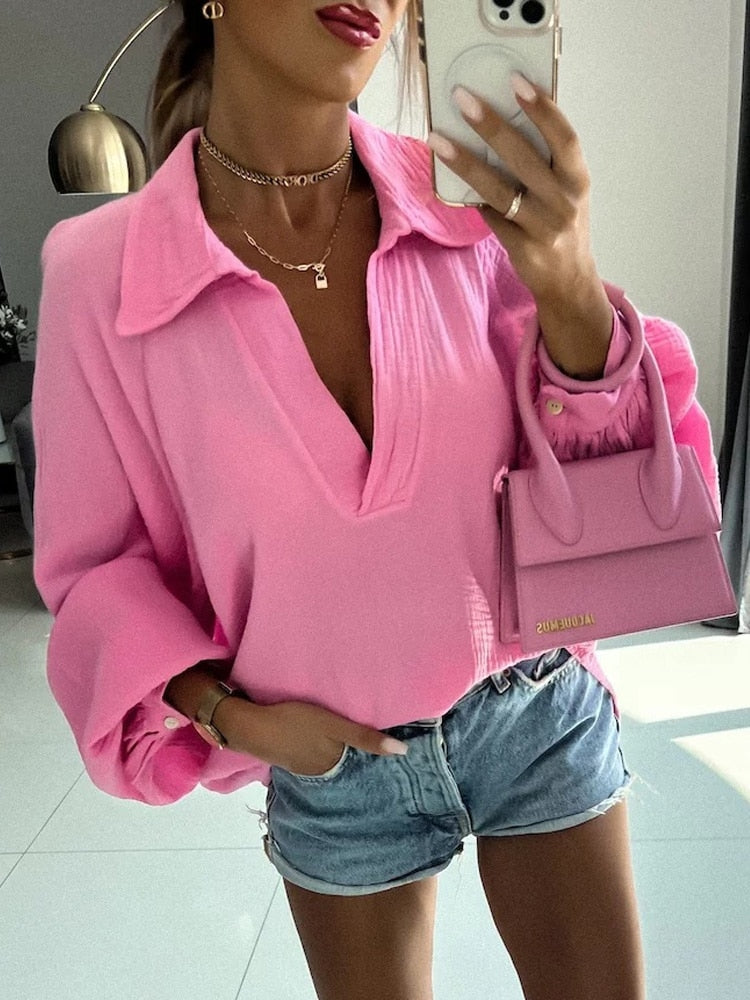 Solid Color Long Sleeve Cotton Blouse