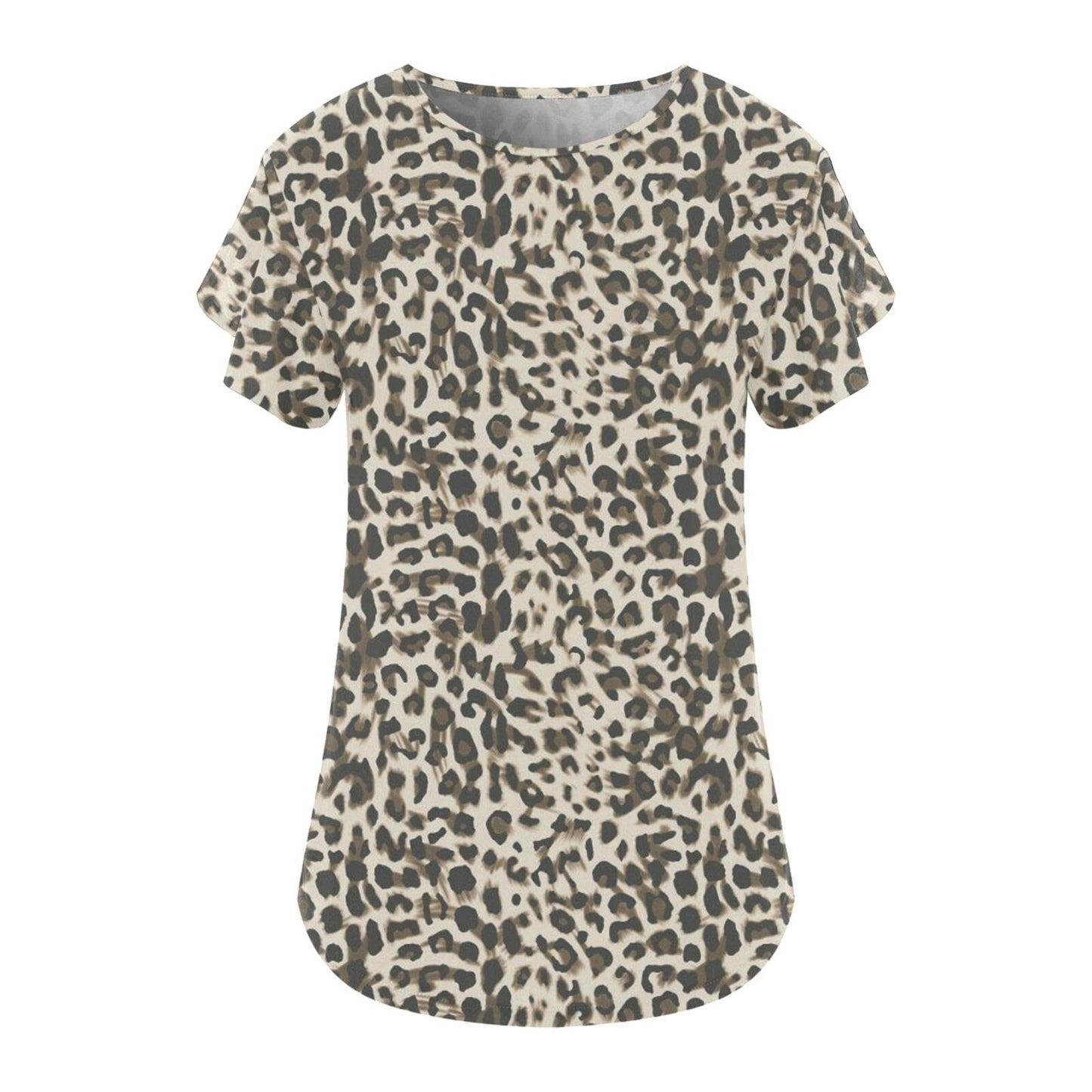 Leopard Print Casual Round Neck Ruffles T Shirt