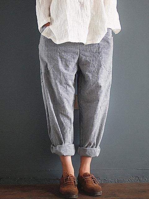 Linen Gray Striped Pants Women