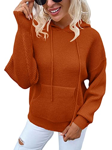 Women's Rib-Knit Hooded Sweaters Cozy Drawstring Pullover with Kangaroo Pocket