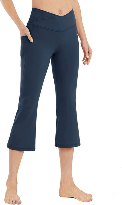 Cross High Waisted Bootcut Capris for Women Flare Yoga Pants with Pockets