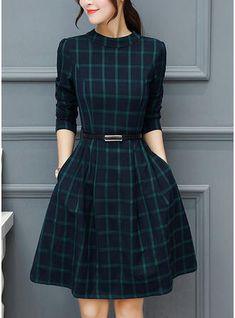 dress autumn outfit women plaid print long sleeve o neck belted outfit