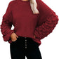Women's Cute Oversized Crewneck Loose Puff Sleeves Chunky Knit Pullover Sweater