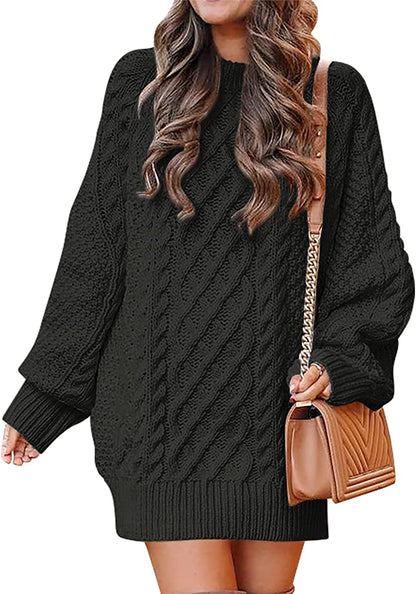 Women Crewneck Long Sleeve Oversized Cable Knit Chunky Pullover Short Sweater Dresses