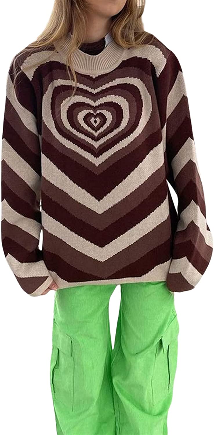 Women Sweater Heart Print Long Sleeve Knit Pullover Jumper Sweaters