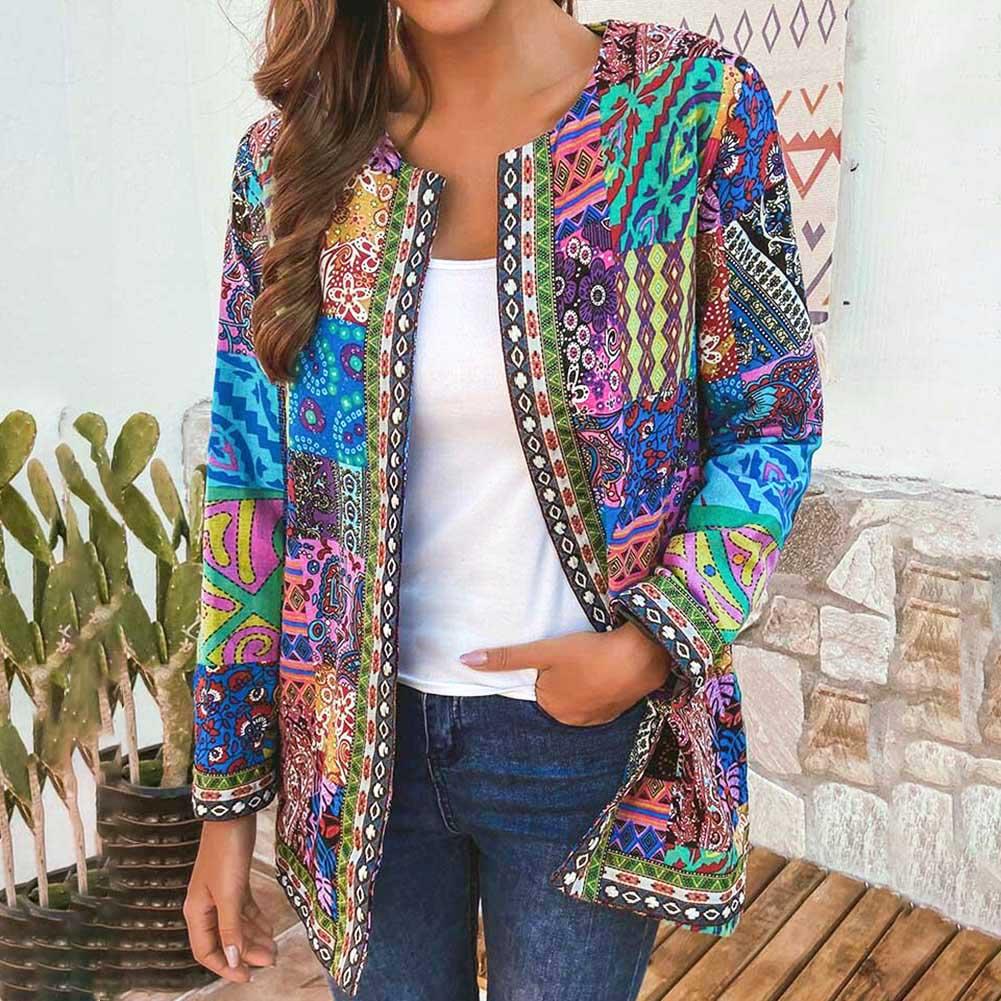 Ethnic Floral Print Long Sleeve Loose Jacket Coat Loose Outerwear Chic Cardigan
