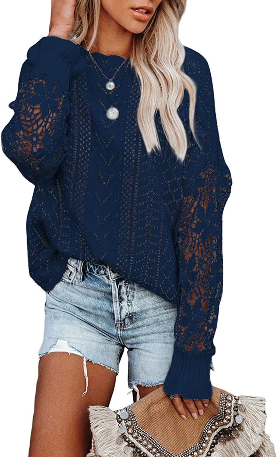Women Lace Crochet Long Sleeve Crewneck Sweaters