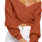 Women's Long Sleeve Wrap Casual Off Shoulder Crop Knitted Pullover Sweater