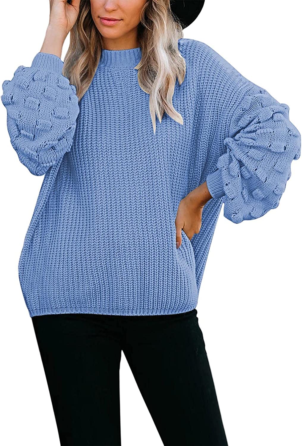 Women's Cute Oversized Crewneck Loose Puff Sleeves Chunky Knit Pullover Sweater