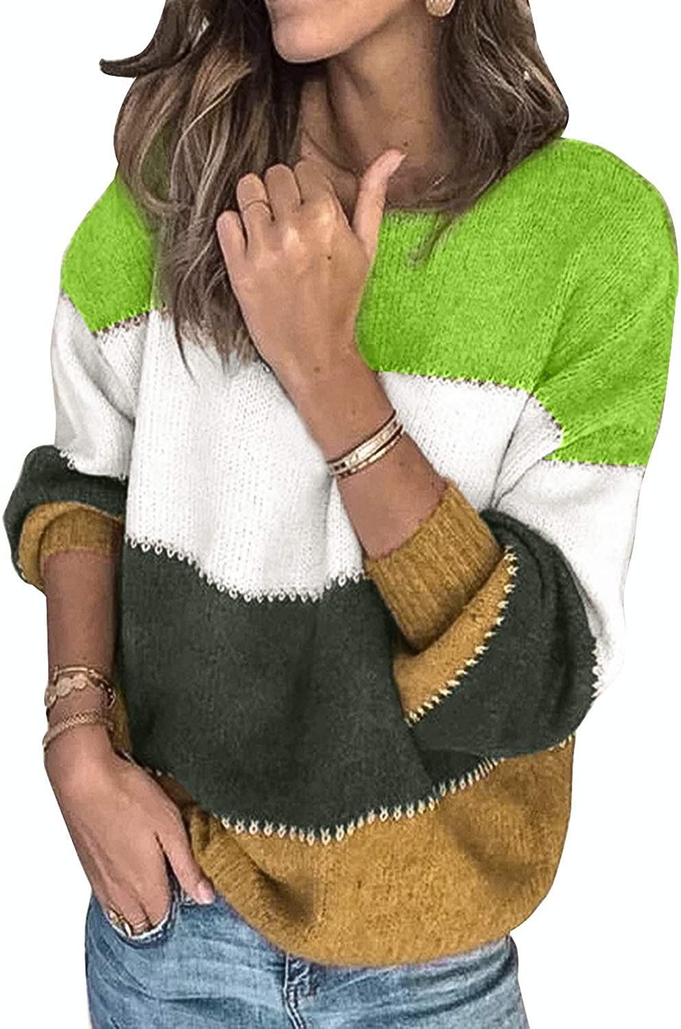Womens Color Block Sweaters Long Sleeve Crewneck Pullover Knit Jumper Tops