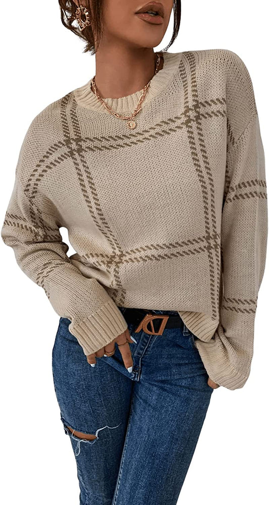 Women's Plaid Long Sleeve Crewneck Pullover Top Sweater
