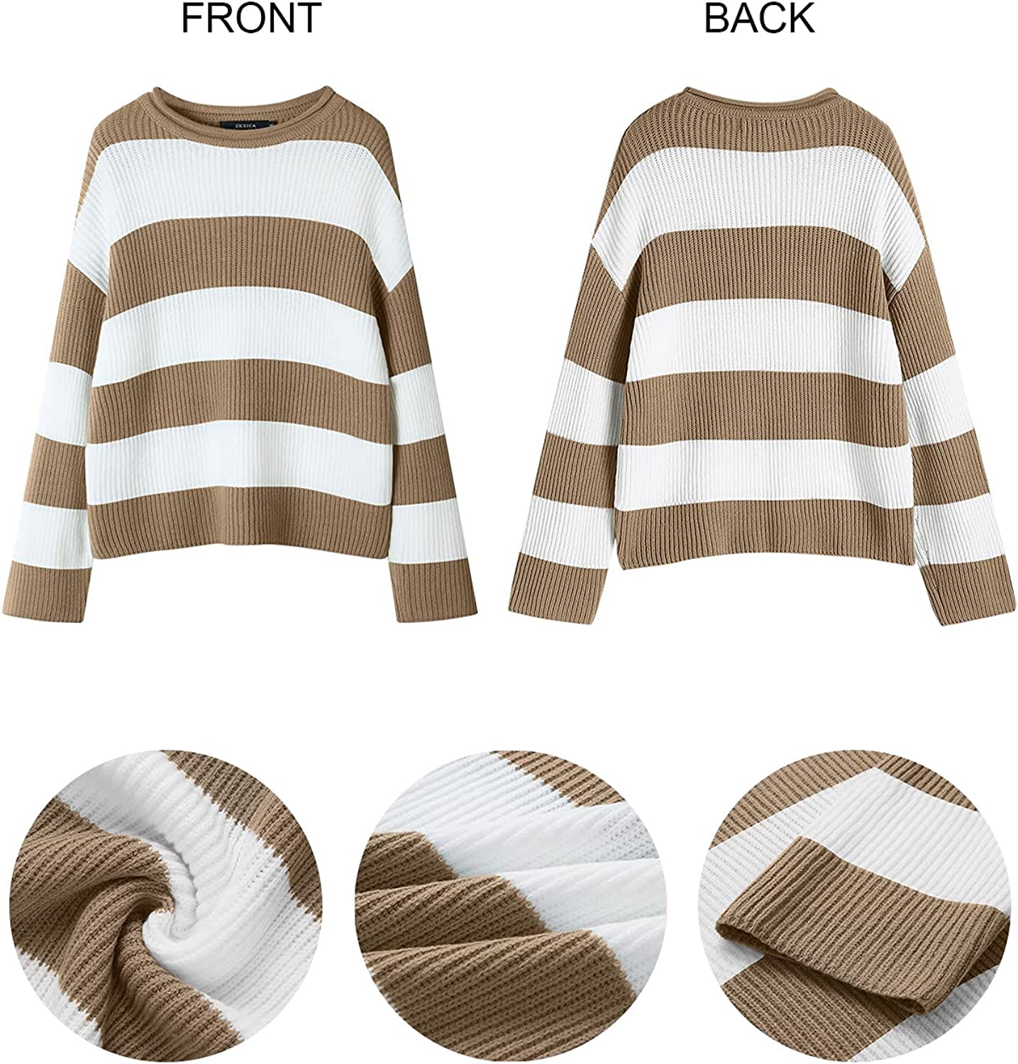 Women's Long Sleeve Crew Neck Striped Color Block Comfy Loose Oversized Knitted Pullover Sweater