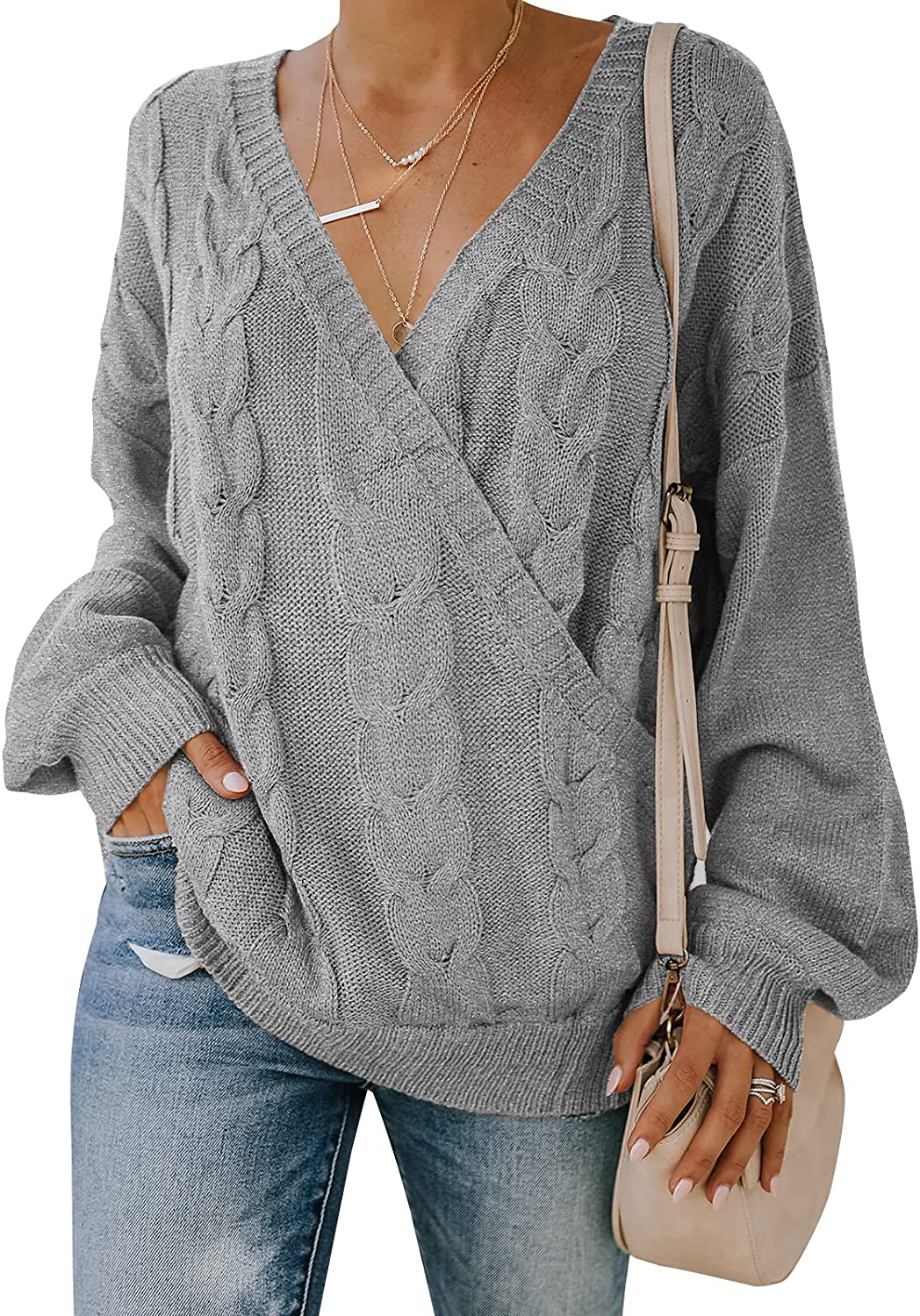 Women's Casual Long Sleeve Deep V Neck Wrap Pullover Sweater