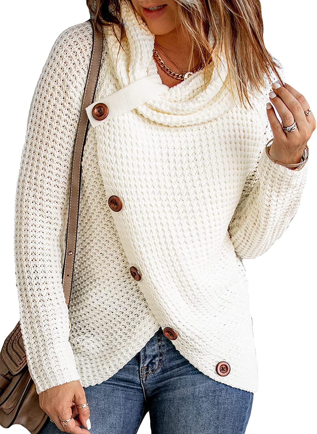 Womens Button Cowl Neck Sweaters Long Sleeve Asymmetric Wrap Pullover Sweater