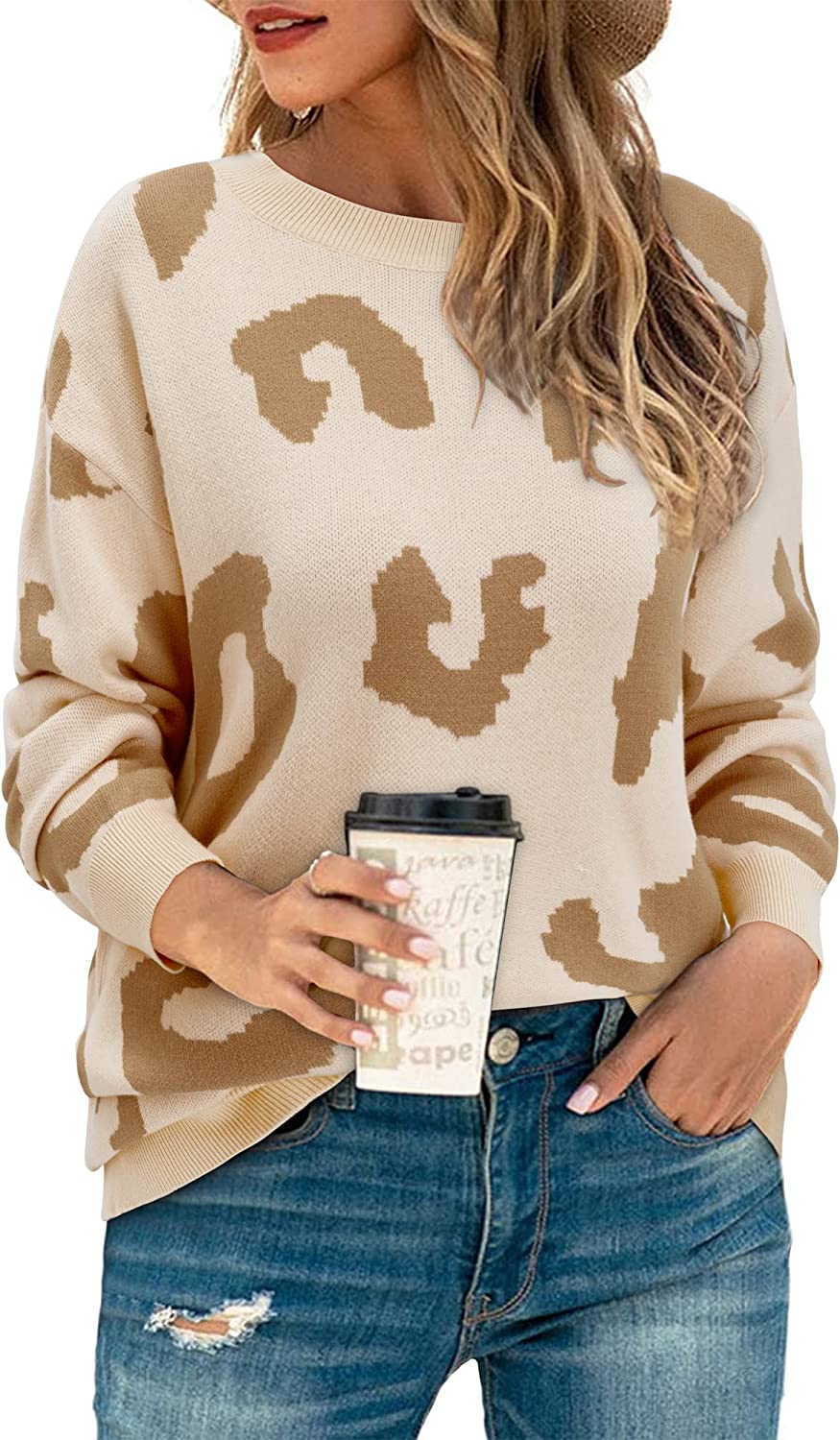Women's Casual Leopard Print Sweater Loose Long Sleeve Crew