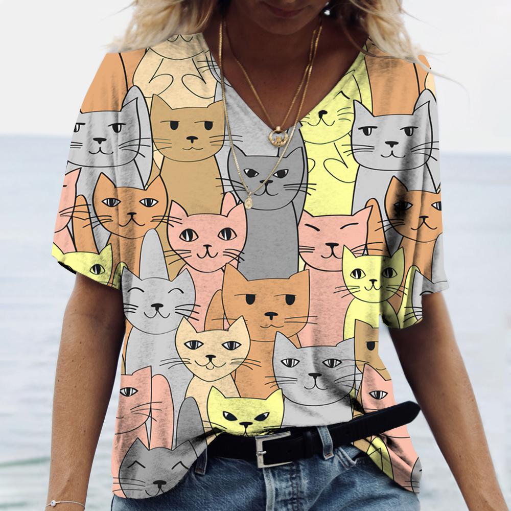 Anime Cat Print Women's T Shirt Fashion Harajuku Clothes V-neck Oversized Short