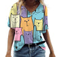 Anime Cat Print Women's T Shirt Fashion Harajuku Clothes V-neck Oversized Short