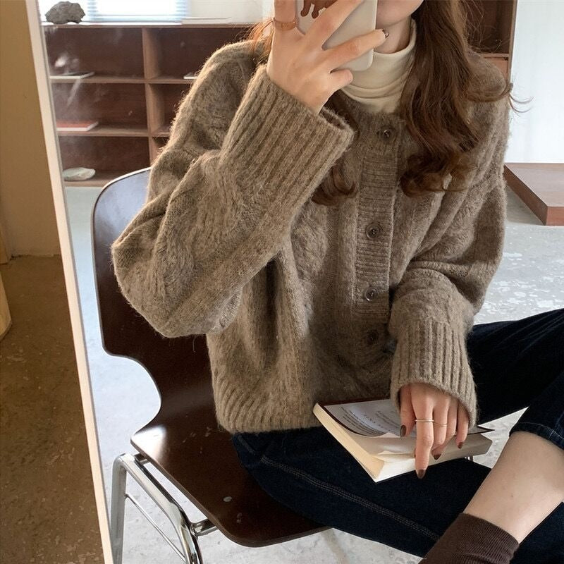 Elegant Warm Sweater Cardigan Fashion Loose Thick V-neck Knitted Sweater