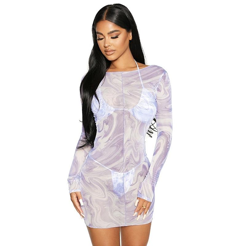 Cover Up Sheer Mesh Backless Long Sleeve Bodycon Dress