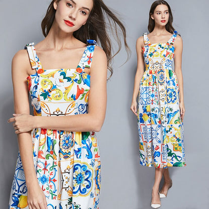 Summer Dress Women's Bow Spaghetti Strap Gorgeous Floral Print Midi Cotton Dress