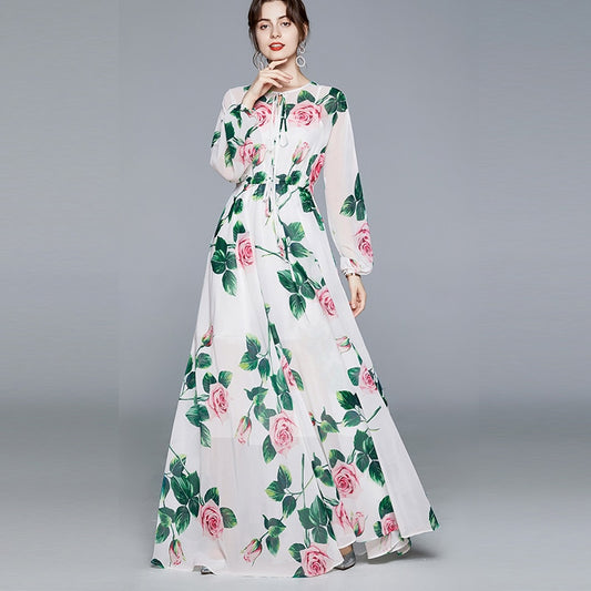 Maxi Dresses Women's Long Sleeve Print Elastic Waist Holiday Elegant Long Dress