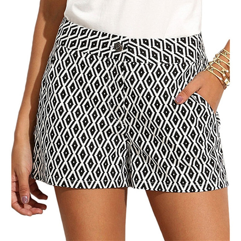 Black and White Mid Waist Casual Pocket Straight Shorts